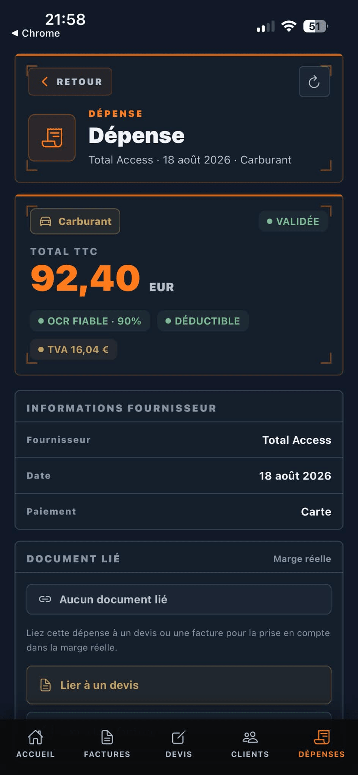 Dépense ConstructOps préremplie après OCR avec fournisseur, montant, TVA et action de rattachement